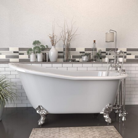 Cambridge Plumbing Cast iron clawfoot slipper tub and deck mount plumbing pkg faucet 684D Brushed Nickel Holes 61" ST61-684D-PKG-BN-7DH